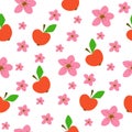 Seamless pattern apple blossom, red apples on white background. Drawn garden fruits kids print, vector eps 10
