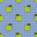 Seamless pattern with apple on blue background. Continuous one line drawing apple. Black line art on blue background with Royalty Free Stock Photo