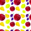 Seamless pattern with apple, lemon, pear, plum with blots and stains on a white background. Watercolor art. Freehand creative