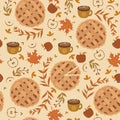 Seamless pattern with apple pie, apples and mugs. Autumn mood. Vector graphics