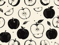 Seamless Pattern of Apples and Apple Slices in Black and White Sketch Style Royalty Free Stock Photo
