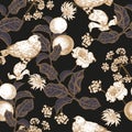 Seamless pattern with apples, flowers and birds. Doves.