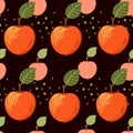 Seamless pattern of apples with green leaves flat vector illustration on black background Royalty Free Stock Photo