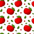 Seamless pattern with apples and leaves. Bright, red, juicy, summery, fruity pattern. Colored elements with a stroke, in Royalty Free Stock Photo