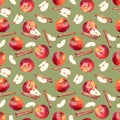 Seamless pattern with apples, slices and cinnamon sticks on green background. Royalty Free Stock Photo