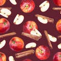 Seamless pattern with apples, slices and cinnamon sticks on maroon background. Royalty Free Stock Photo