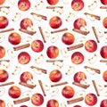 Seamless pattern with apples, slices and cinnamon sticks on white background. Royalty Free Stock Photo