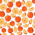 Seamless pattern of apples whole halved and sliced pieces flat vector illustration on white background Royalty Free Stock Photo