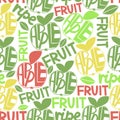 Seamless pattern with apples and words Fruit, ripe