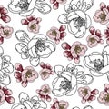 Seamless pattern of apricot flowers, a blooming sprig of pink color and an outline drawing of flowering on a white background