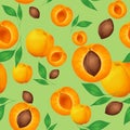 Seamless pattern with apricots and green leaves on olive background