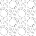 Seamless pattern with apricots, peaches and leaves. Black and white hand-drawn linear elements are isolated on a transparent