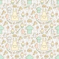 Seamless pattern with aprons, cook caps, kitchen elements and meal