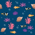 Seamless pattern aquarium fish or marine next to algae, shells and underwater plants. Pattern for textiles. Royalty Free Stock Photo