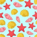 Seamless pattern with aquatic nautical shellfish, coral stars, shell, mollusk, sea or ocean design Royalty Free Stock Photo