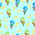 Seamless pattern with ara parrots and bananas. Blue, yellow, green, pink, red. Blue background. Cartoon style. Cute and funny. For