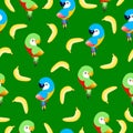 Seamless pattern with ara parrots and bananas. Blue, yellow, green, pink, red. Green background. Cartoon style. Cute and funny.