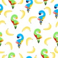 Seamless pattern with ara parrots and bananas. Blue, yellow, green, pink, red. White background. Cartoon style. Cute and funny.