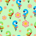 Seamless pattern with ara parrots and pink flowers. Blue, yellow, green, pink, red. Green background. Cartoon style. Cute and Royalty Free Stock Photo