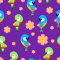 Seamless pattern with ara parrots and pink flowers. Blue, yellow, green, pink, red. Violet background. Cartoon style. Cute and Royalty Free Stock Photo