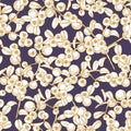 Seamless pattern with arctic lingonberry hand drawn with contour lines on blue background. Backdrop with partridgeberry