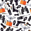 Seamless pattern with army soldier goods like portable radio, flashlight, compass, gun, bullets, binoculars and gas-burner on whit