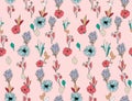 Seamless pattern with arrangement flowers on pink background. Patch for fabric textile prints.