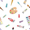 Seamless pattern with art and school supplies. Hand drawn vector illustration with cryons, paints, palette, brush.