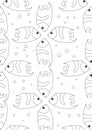 Seamless pattern or coloring page with cute fish for adults, outline vector stock illustration of tropical fish in the sea or Royalty Free Stock Photo