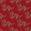 Seamless pattern of an Asian Chinese dragon on a red background. Vector image Royalty Free Stock Photo