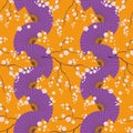 Seamless pattern from Asian fans and flowering branches of cherry.