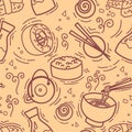 Seamless pattern with asian snacks, tea, noodles and Sushi rolls traditional seaweed. Asia cuisine restaurant