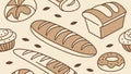 Seamless pattern of assorted fresh bread loaves and sweet doughnuts, vector design Generative AI Royalty Free Stock Photo