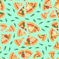 Seamless pattern with assorted pizza slices. Vector illustration. Repeating background Royalty Free Stock Photo