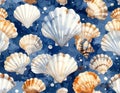 Seamless Pattern of Assorted Seashells on a Textured Blue Background Royalty Free Stock Photo