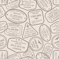 Seamless pattern of assortment of cachets and hand stamps of control offices from different countries