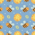 Seamless pattern with asters and bees. Vector hand drawn