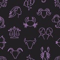 Seamless pattern with astrological signs drawn with contour lines on black background. Backdrop with Zodiac