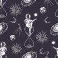 Seamless pattern. The astronaut sits on an hourglass. Eternity.