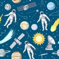 Seamless pattern with astronauts, stars, planets and satellites in cosmos. Cartoon print with space elements, vector illustration Royalty Free Stock Photo