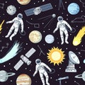 Seamless pattern with astronauts, stars, planets and satellites in cosmos. Cartoon print with space elements, vector illustration Royalty Free Stock Photo