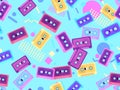 Seamless pattern with audio cassettes with geometric shapes in the style of the 80s. Music cassettes for music tape recorders.