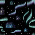 Seamless pattern of Aurora in the northern city. Northern lights, stars and houses