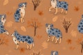 Seamless pattern with australian shepherds, autumn leaves and bushes. Vector graphics