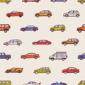 Seamless pattern with automobiles of various types - cabriolet, sedan, pickup, hatchback, SUV, minivan. Backdrop with