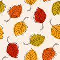 Seamless pattern with autumn birch leaves in line art, flat style. Vector illustration. Royalty Free Stock Photo