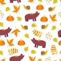 Seamless pattern with Autumn characters, plants and leaves