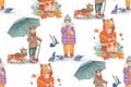 Seamless pattern. Autumn. Children in various poses.