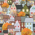 Seamless pattern Autumn cityscape in the town with fairy tale houses,trees with orange and yellow leaves, Cute cartoon house in Royalty Free Stock Photo