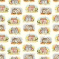 Watercolor seamless pattern with autumn landscape and country house Royalty Free Stock Photo